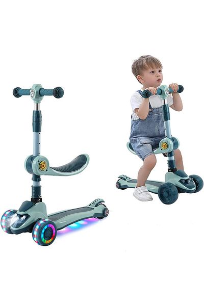 Yelajoy 3-in-1 Kids Scooter,3 Led Music Light Wheels,4 Height Levels,non-slip Deck,for Kids,blue