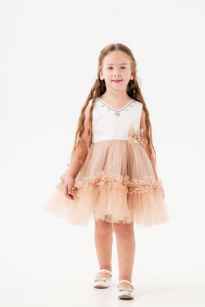 Eray Kids Πέτρινο Κεντημένο Φιόγκο Λεπτομερής Φούστα Βολάν Τούλι Παιδικό Βραδινό Φόρεμα