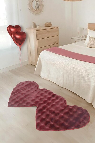 Aden Maya Tavşan Tüyü Peluş Bubble Halı | Çift Kalpli Yumuşak Bordo Kaymaz Ta...