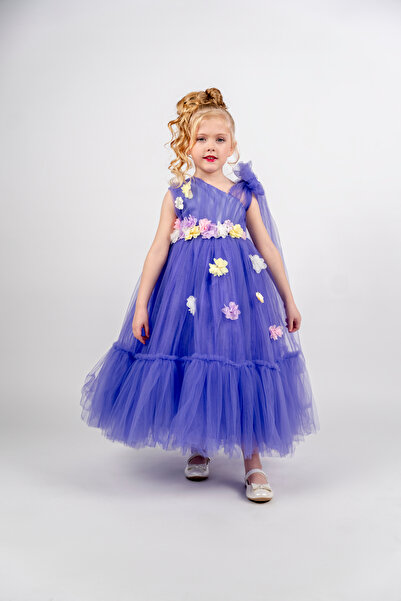 Eray Kids Kız Çocuk Uzun Abiye Elbise Çapraz Omuzlu Çiçek Detaylı 6-9 Yaş