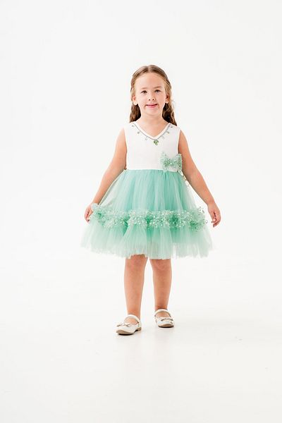 Eray Kids Πέτρινο Κεντημένο Φιόγκο Λεπτομερής Φούστα Βολάν Τούλι Παιδικό Βραδινό Φόρεμα
