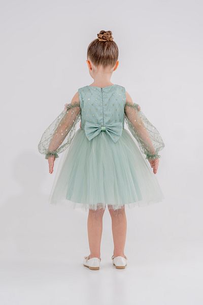 Eray Kids Βραδινό φόρεμα για κορίτσια Ασημένιο λουλούδι με λεπτομέρεια από τον ώμο μανίκια από τούλι 4-7 ετών