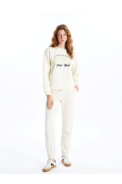 LC Waikiki Γυναικείο χοντρό φούτερ Xside Beige Crew Neck με στάμπα Oversize