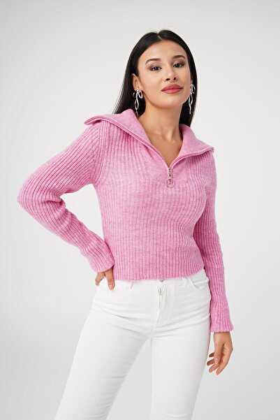 Hipo Trend Fermuar Detaylı Kısa Model Pembe Triko Kazak