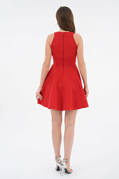 barış sülün lovebox Kadın Scuba Kumaş Kolsuz Kloş Kırmızı Mini Abiye Elbise 2165