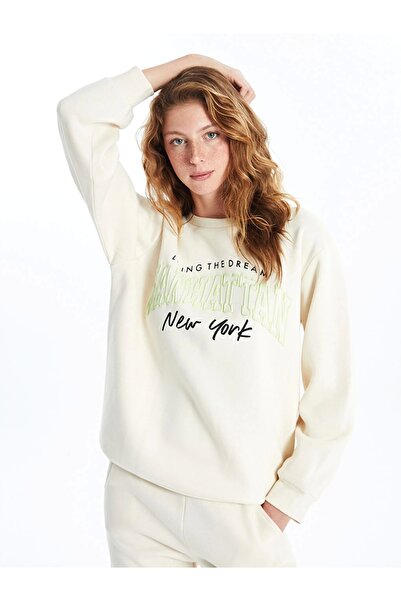 LC Waikiki Γυναικείο χοντρό φούτερ Xside Beige Crew Neck με στάμπα Oversize