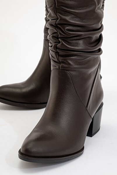 LuviShoes Γυναικείες κοντές μπότες με τακούνι SOULE Brown Skin από γνήσιο δέρμα