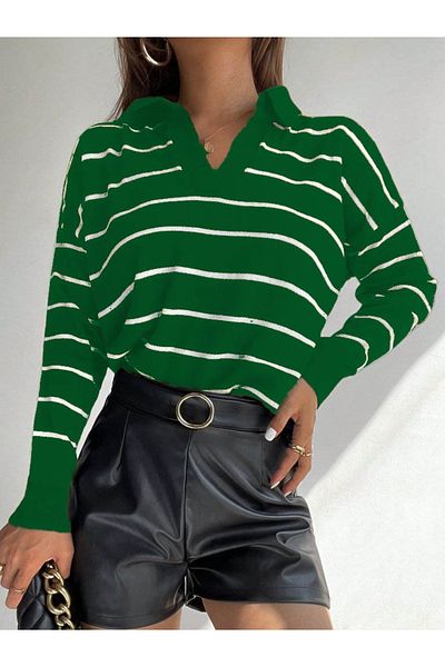 REKA MODA    Women's Long Sleeve V-Neck Striped Knitwear Blouse