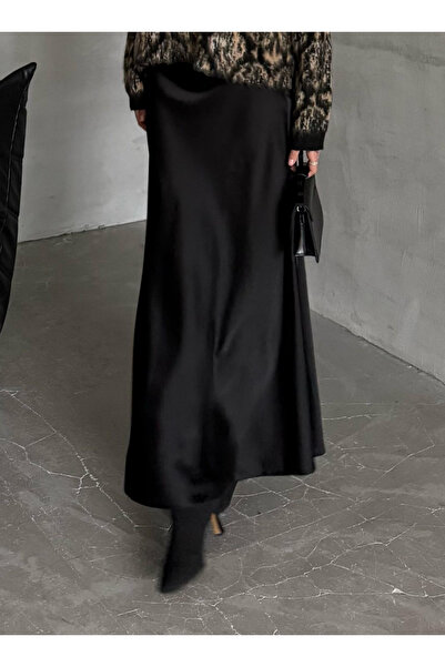 Laluvia Černá saténová sukně se skrytým zipem a elastickým pasem - 10378