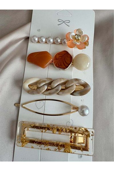 Pelin Aksesuar Orange Beige 5-Piece Buckle Set