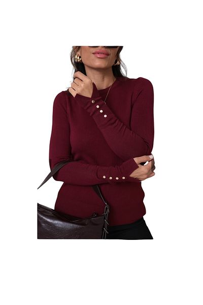AFA Pulover de tricotaj cu nasturi de aur burgundy cu mâneci pentru femei cu gât roșu