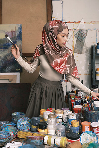 Qef Modal Brush Shawl Flower Garden Khaki