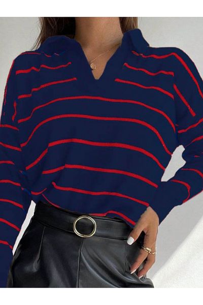 İpeksi Silky Women's Long Sleeve V Neck Striped Knitwear Blouse