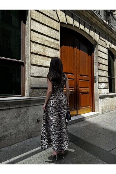 Tam12den Home Tam12den Rochie midi plisată cu buzunare cu fermoar cu imprimeu leopard pentru femei