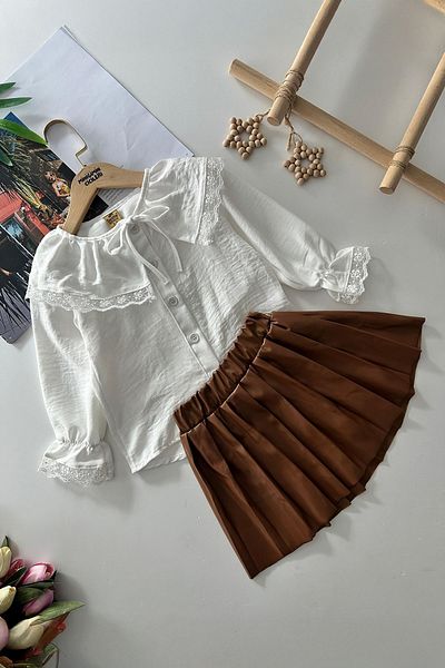Minigimin Cicileri Girl's Pleated Skirt and Lace Detailed Set - Collar of My Mini, Brown