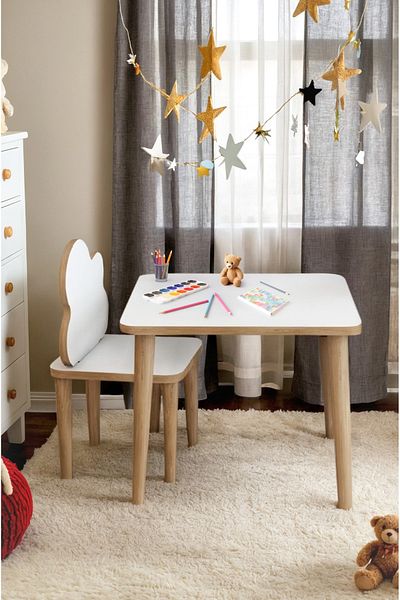 AKTURK HOME Children's Game and Event Table and Cloud Pattern Chair with Wooden Summer Sil Surface, Anti-Scratch, Paintable