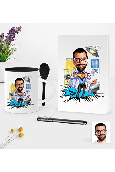 Bk Gift Kişiye Özel Bay Doktor Karikatürlü Beyaz Defter Kalem Kaşıklı Kupa Se...