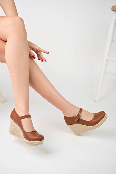 epaavm Wedge Sole Ankle Buckle Tan Leather Shoes