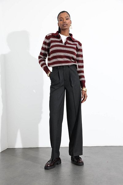 5in1Canpolat Anthracite Pleat Detailed Palazzo Trousers 51093