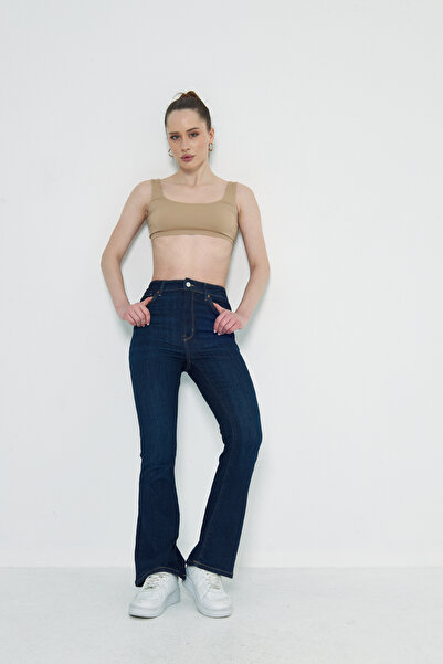 Kutaf Lacivert Dikiş Detaylı  Flare Kadın Kot Pantolon
