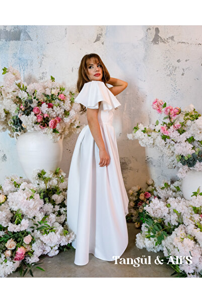Tangül&Ali'S Moda Evi Tek Kollu Beyaz Midi Elbise