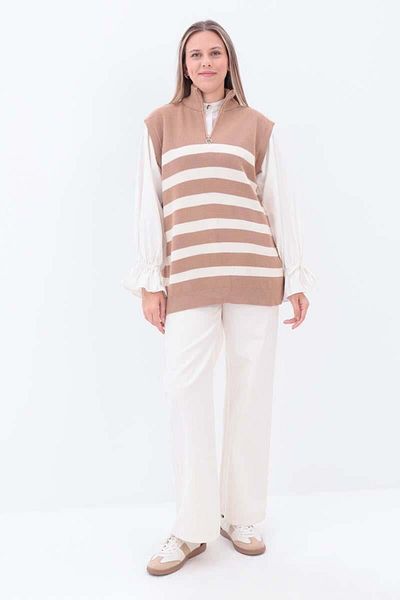 ALLDAY Biscuit-Ecru-Striped Zippered Knitwear Sweater