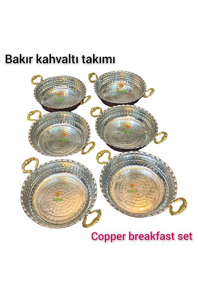 SAFİR Copper Breakfast Set Copper Breakfast Omelet Pan with Solid Brass Handles 6 Pieces Copper Snack Bowl