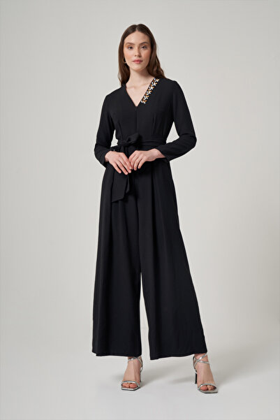 Mimya Siyah İşleme Detaylı Krep Tulum 5716