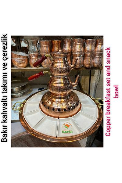 SAFİR Copper Breakfast Set Copper Breakfast Special Hand Embroidered 16 Pieces Copper Breakfast Copper Snack Bowl