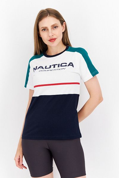 Nautica Women Crew Neck Short Sleeve Brand Logo T-shirt, White Combo