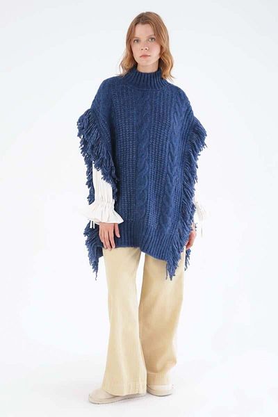 ALLDAY Navy Blue Fringed Knitwear Poncho