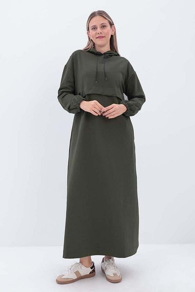 ALLDAY Khaki01-Sleeve Elastic Hooded Pocket Dress