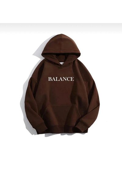 NO 601 Унисекс кафяв суитшърт с качулка и принт Balance