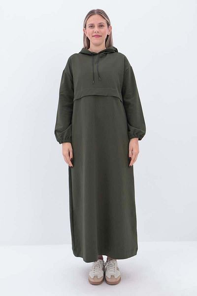 ALLDAY Khaki01-Sleeve Elastic Hooded Pocket Dress