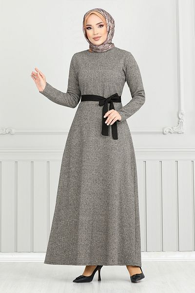 ModaMerve Φόρεμα με μοτίβο ψαροκόκαλο με ζώνη - 22033UKB929-M Vision