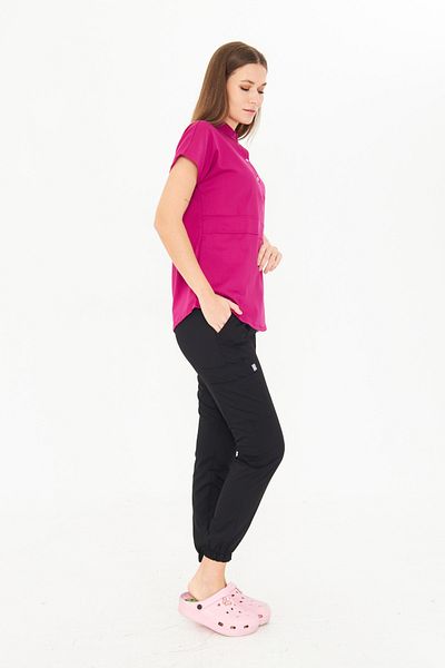 Class Üniforma Black Women's Lycra Nova Jersey - Cherry Motif Nurse Collar Half Placket