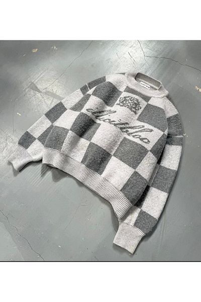 1blood Square Patterned Illicitbloc White Checkered Sweater