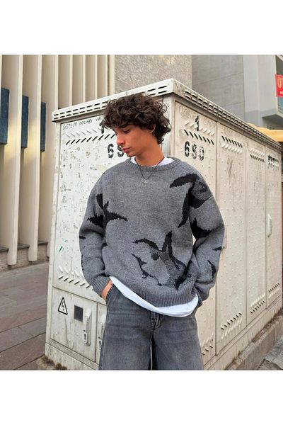 1blood Sharks Patterned Gray Premium Oversize Sweater