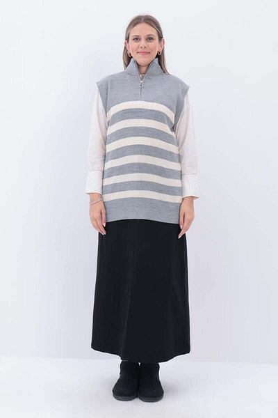 ALLDAY Light Grey-Ecru-Striped Zippered Knitwear Sweater
