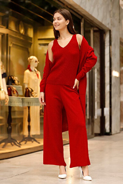 NY MODA KADIN GENİŞ PAÇA PANTOLON V YAKA BLUZ HIRKA 3 LÜ TRİKO SALAŞ TAKIM SETİ