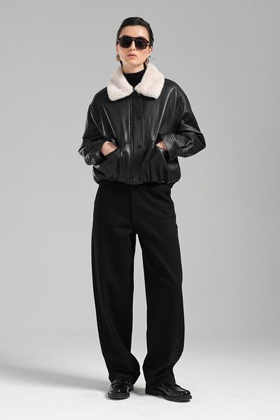 its basic Women's Black Color Oversize Plush Collar Faux Leather Jacket Coat