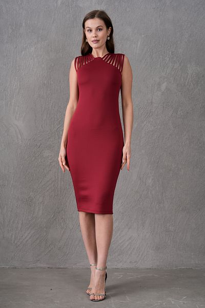 lovebox Stretchy Fabric Slim Fit Slim Fit Burgundy Midi Evening Dress 2387