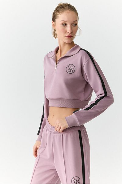 Urban Beat Helena Women's Stand-Up Collar Zip-Up Small Print Motif Crop Rose Dried Sweatshirt