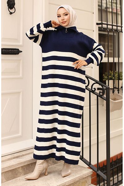 sefamerve Ριγέ Πλεκτό Φόρεμα 11042-06 Navy Blue