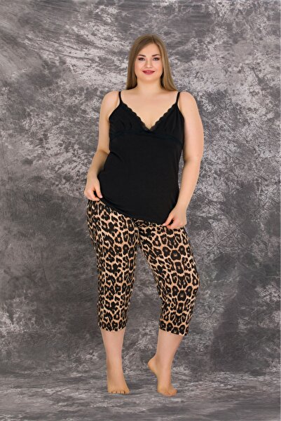 Lady Lingerie Σετ πιτζάμες με σχέδιο λεοπάρ, 93% βαμβάκι, μεγάλο μέγεθος κάπρι - με κρεμαστά λουράκια