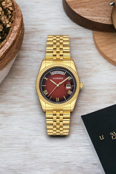 COMMES Double Calendar Gold-Red Steel Band Steel Case Women's Wristwatch Sdcms035