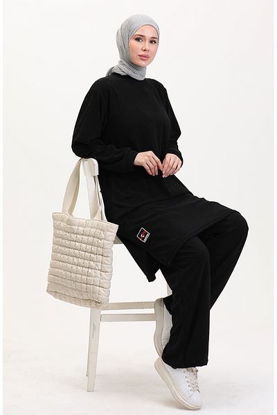 sefamerve Schwarzes Tunika- und Hosen-Set – 0565-03