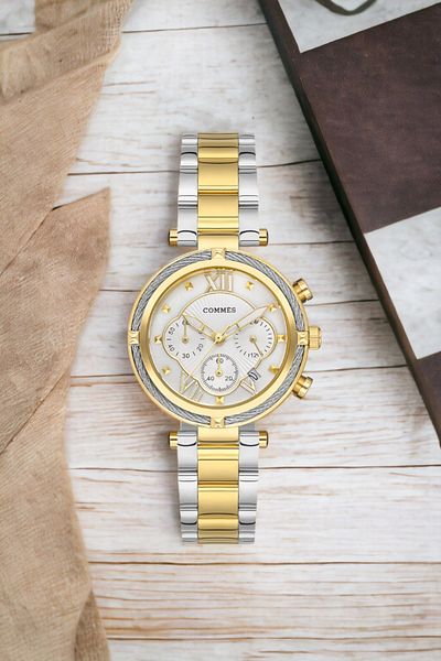 COMMES Women's Watch with Calendar Gold-Silver Steel Band Steel Case Sdcms034