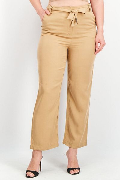 Tchibo Women Belted Solid Trouser Pants, Tan