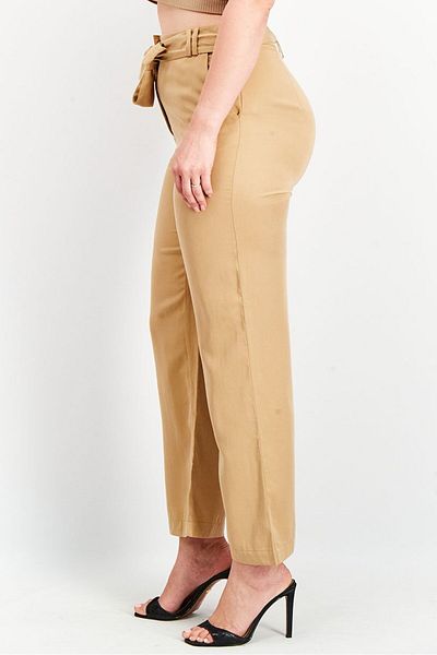Tchibo Women Belted Solid Trouser Pants, Tan